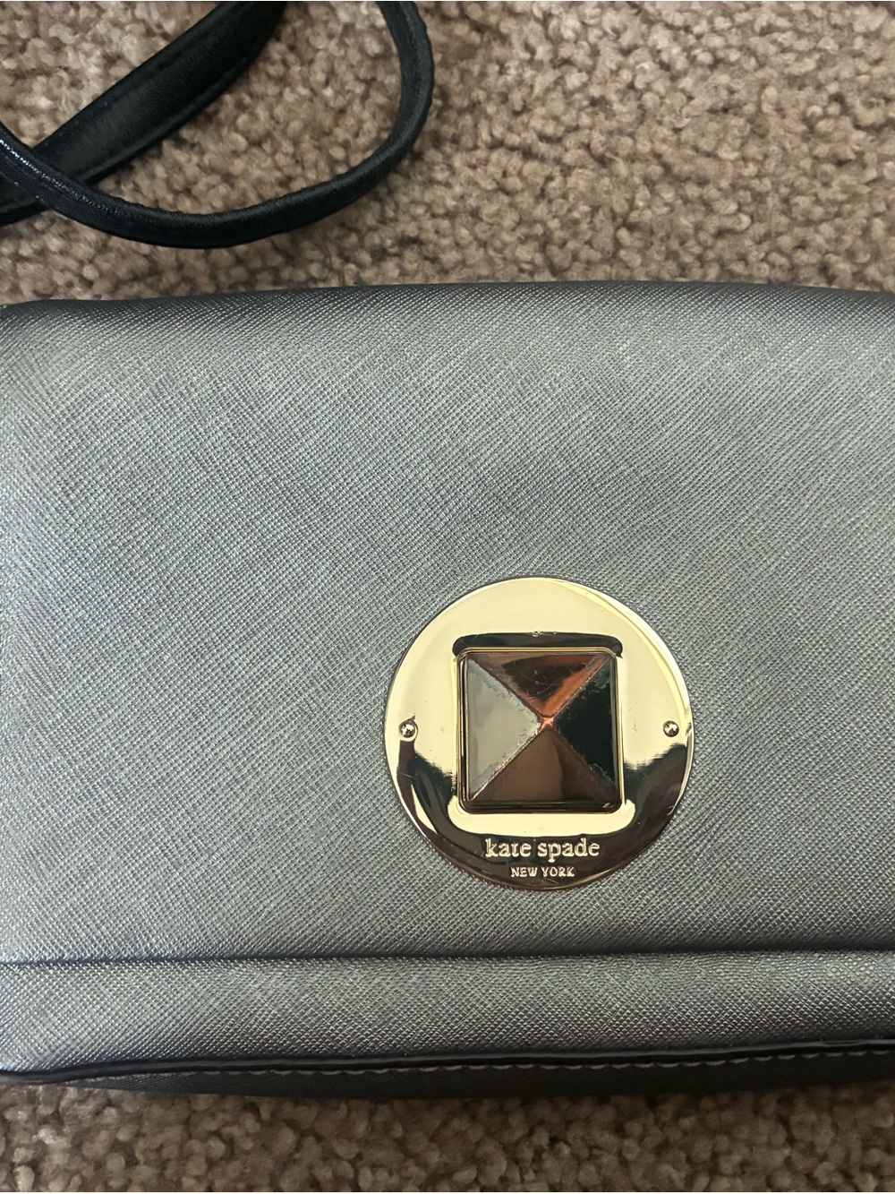 kate spade Metallic Gray Crossbody with Gold Medallion